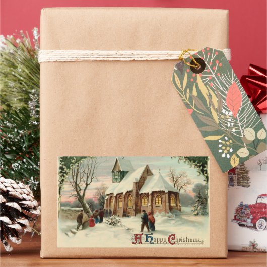 ビンテージクリスマス教会の信徒たちによる朝のミサ 長方形シール (クリスマス)