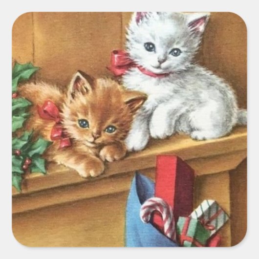 ビンテージクリスマス猫ちゃんオンマントル スクエアシール (正面)