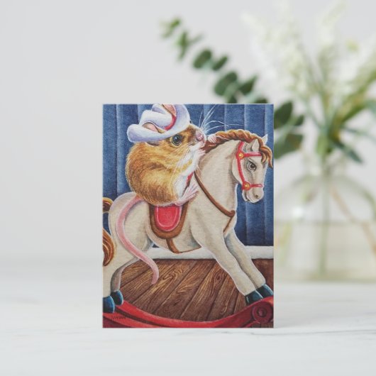 ビンテージクリスマス玩具ロッキングホースマウスアート ポストカード (スタンド正面)