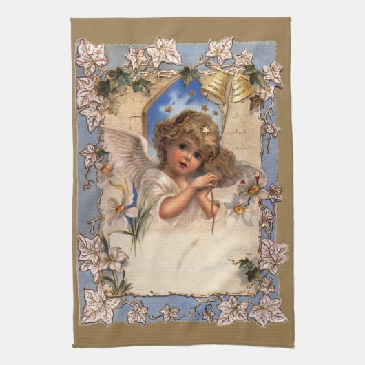 ビンテージクリスマス、ゴールドベル付きビクトリア朝の天使 キッチンタオル (縦)