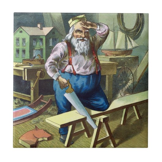 ビンテージクリスマス、サンタクロースおもちゃを作る所を見る タイル (正面)