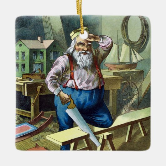 ビンテージクリスマス、サンタクロースがおもちゃを作る様子 セラミックオーナメント (正面)