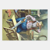 ビンテージクリスマス、サンタクロースがおもちゃを作る様子 ラッピングペーパーシート (正面)