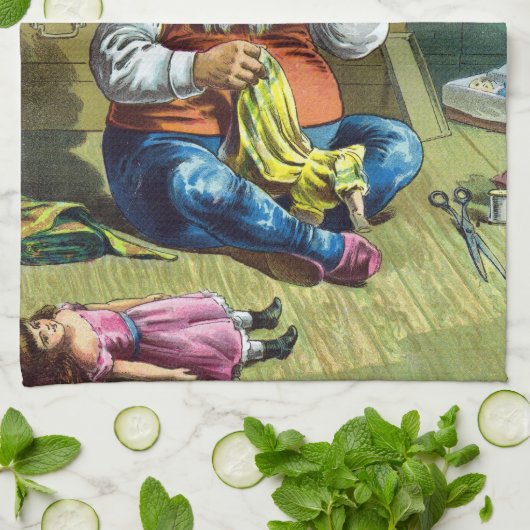 ビンテージクリスマス、サンタクロースが人形のおもちゃを作る キッチンタオル (折り畳み)