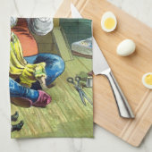 ビンテージクリスマス、サンタクロースが人形のおもちゃを作る キッチンタオル (四つ折り)