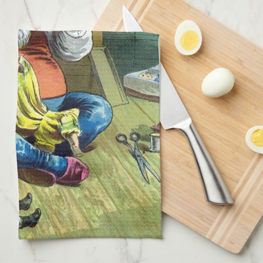 ビンテージクリスマス、サンタクロースが人形のおもちゃを作る キッチンタオル (四つ折り)