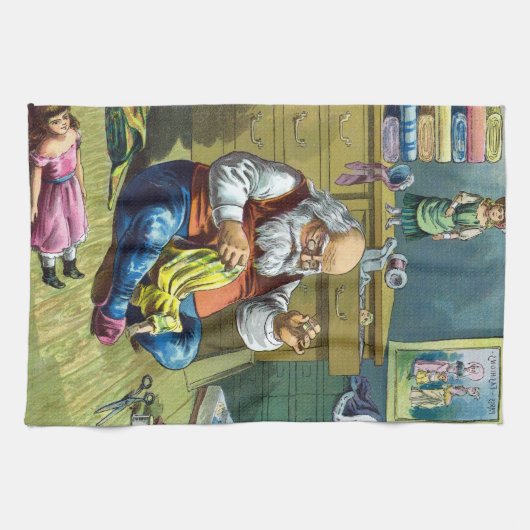 ビンテージクリスマス、サンタクロースが人形のおもちゃを作る キッチンタオル (横)