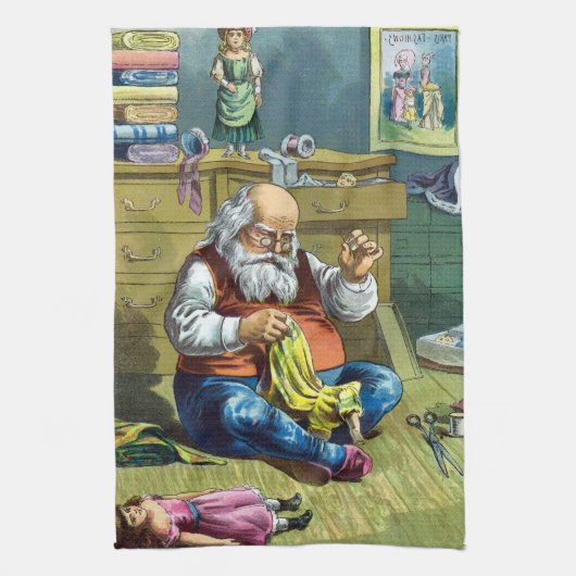 ビンテージクリスマス、サンタクロースが人形のおもちゃを作る キッチンタオル (縦)