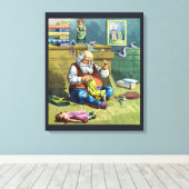 ビンテージクリスマス、サンタクロースが人形のおもちゃを作る キャンバスプリント (インサイチュ (ウッドフロア))