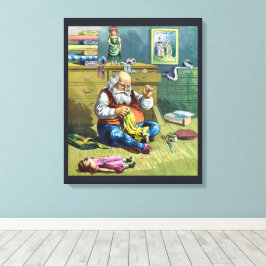 ビンテージクリスマス、サンタクロースが人形のおもちゃを作る キャンバスプリント