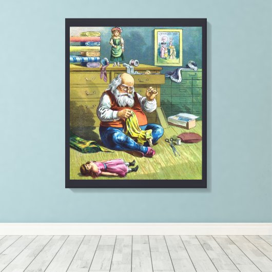 ビンテージクリスマス、サンタクロースが人形のおもちゃを作る キャンバスプリント (インサイチュ (ウッドフロア))