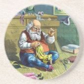 ビンテージクリスマス、サンタクロースが人形のおもちゃを作る コースター (正面)