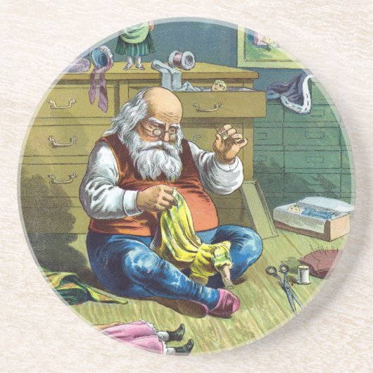 ビンテージクリスマス、サンタクロースが人形のおもちゃを作る コースター (正面)