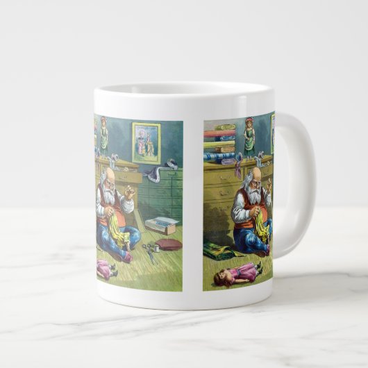 ビンテージクリスマス、サンタクロースが人形のおもちゃを作る ジャンボコーヒーマグカップ (正面右)