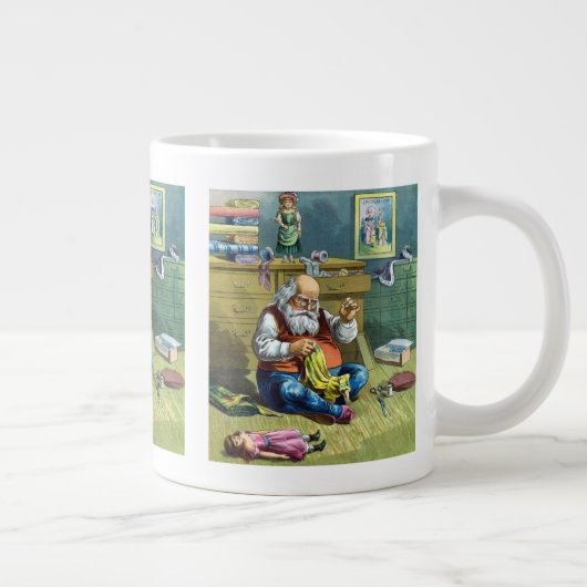 ビンテージクリスマス、サンタクロースが人形のおもちゃを作る ジャンボコーヒーマグカップ (右)