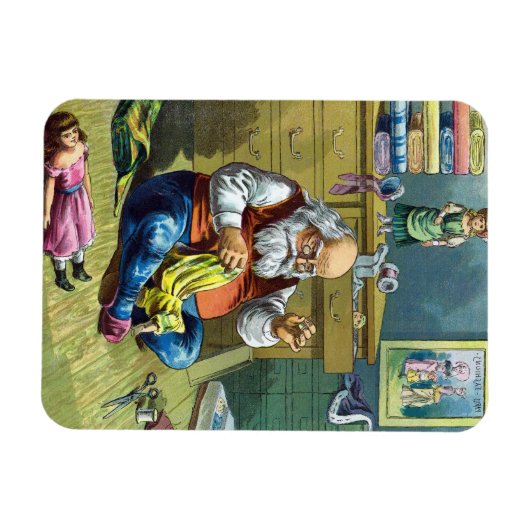 ビンテージクリスマス、サンタクロースが人形のおもちゃを作る マグネット (横)