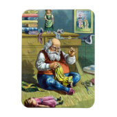 ビンテージクリスマス、サンタクロースが人形のおもちゃを作る マグネット (縦)