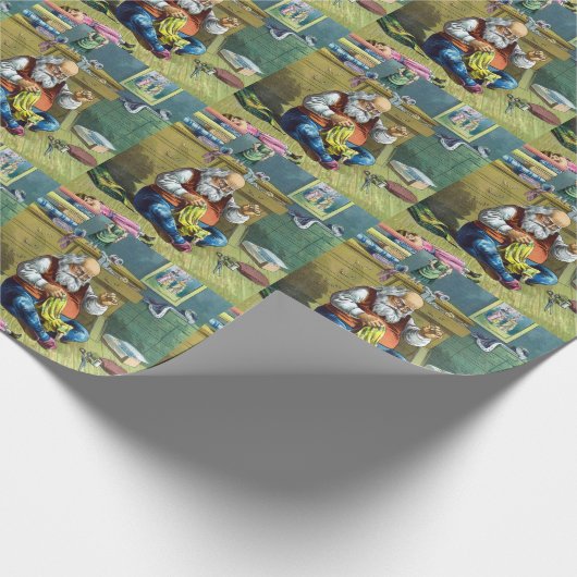 ビンテージクリスマス、サンタクロースが人形のおもちゃを作る ラッピングペーパー (角)