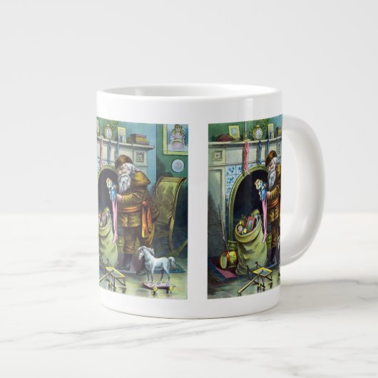 ビンテージクリスマス、サンタクロースのストッキングとおもちゃ ジャンボコーヒーマグカップ (正面右)