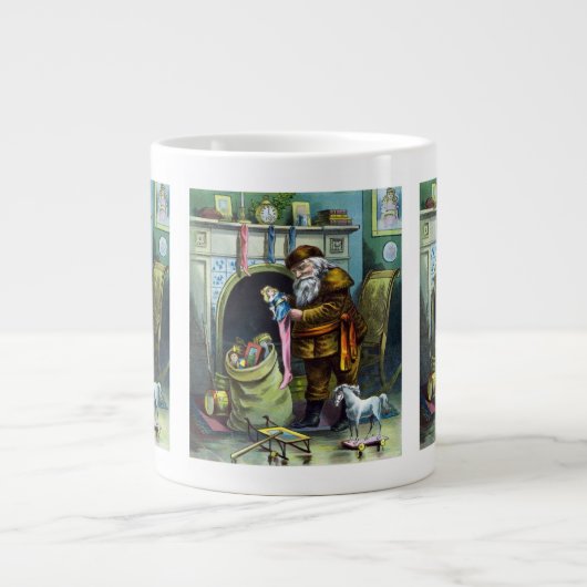 ビンテージクリスマス、サンタクロースのストッキングとおもちゃ ジャンボコーヒーマグカップ (正面)