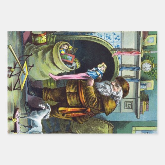 ビンテージクリスマス、サンタクロースのストッキングとおもちゃ ラッピングペーパーシート (正面2)