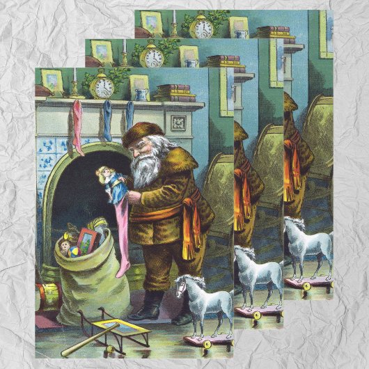 ビンテージクリスマス、サンタクロースのストッキングとおもちゃ ラッピングペーパーシート