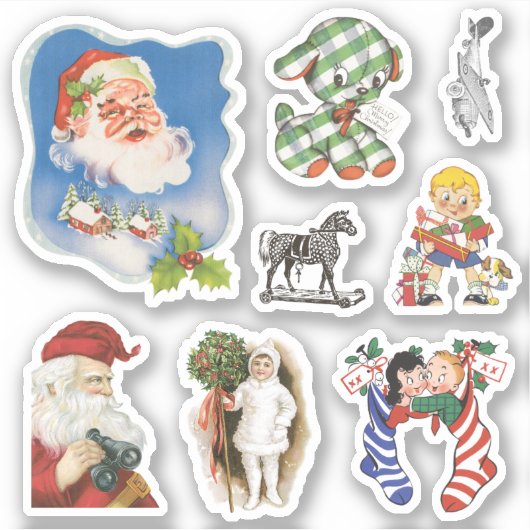 ビンテージクリスマス、サンタクロース、子供たちとおもちゃ シール (正面)