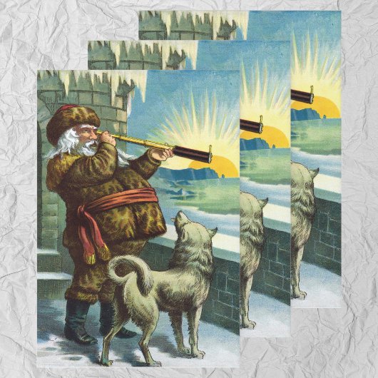 ビンテージクリスマス サンタクロース 望遠鏡 犬 夕焼け ラッピングペーパーシート