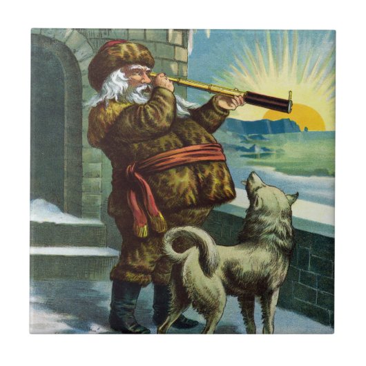 ビンテージクリスマス サンタクロース 望遠鏡 犬 日没 タイル (正面)