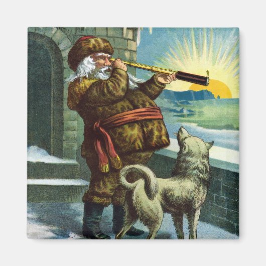 ビンテージクリスマス サンタクロース 望遠鏡 犬 日没 マグネット (正面)