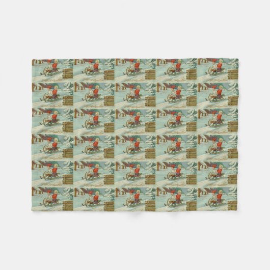 ビンテージクリスマス·スレディングに子ども フリースブランケット (正面(横))