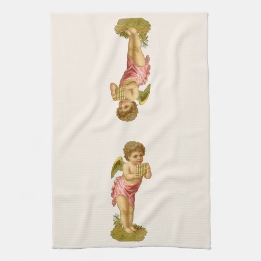 ビンテージクリスマス、パンパイプを演奏する音楽天使 キッチンタオル (縦)