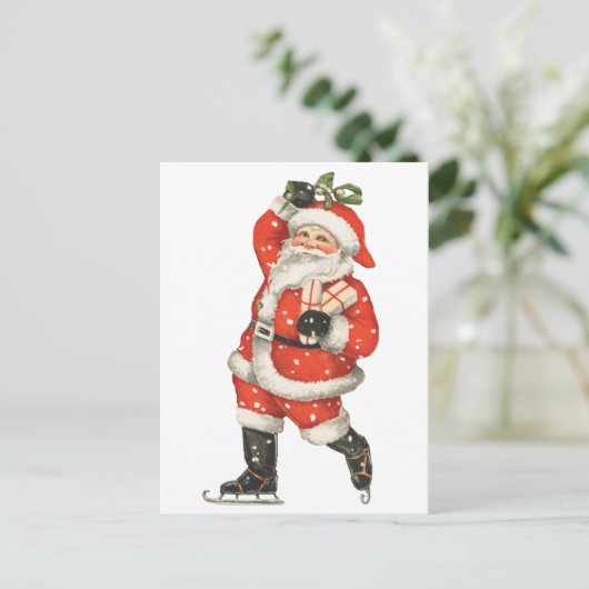 ビンテージクリスマス ビクトリアンサンタクロース アイススケーター シーズンポストカード (スタンド正面)