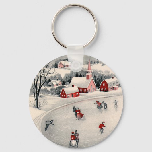 ビンテージクリスマス、ビクトリアン池のアイススケーター キーホルダー (正面)