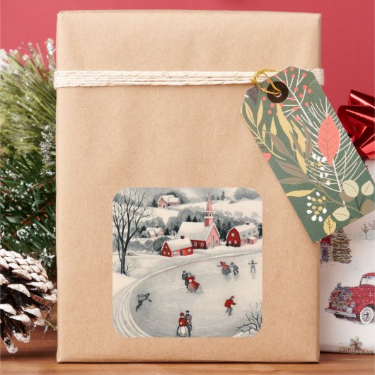 ビンテージクリスマス、ビクトリアン池のアイススケーター スクエアシール (クリスマス)