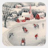 ビンテージクリスマス、ビクトリアン池のアイススケーター スクエアシール (正面)