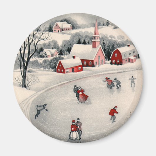 ビンテージクリスマス、ビクトリアン池のアイススケーター マグネット (正面)