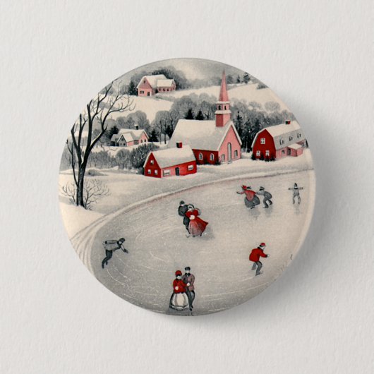 ビンテージクリスマス、ビクトリアン池のアイススケーター 缶バッジ (正面)