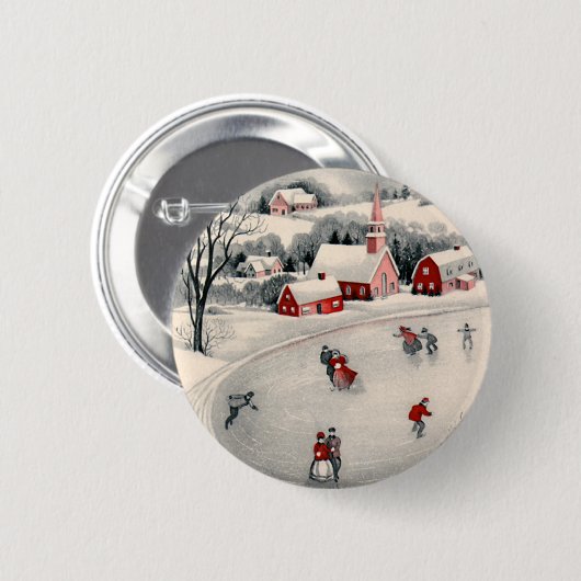 ビンテージクリスマス、ビクトリアン池のアイススケーター 缶バッジ (正面&裏面)