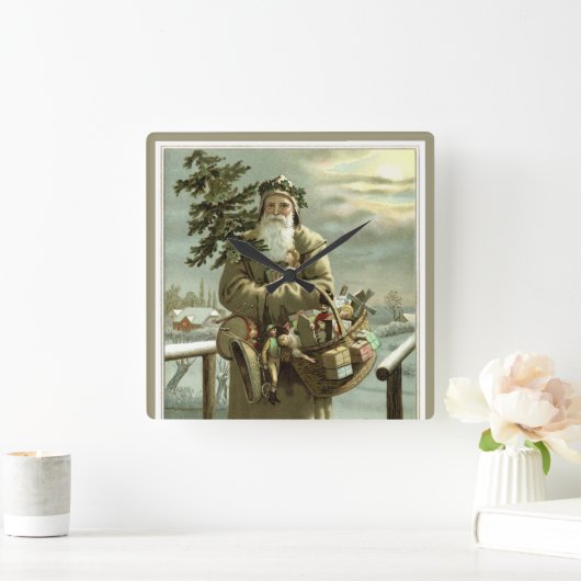 ビンテージクリスマス、ビクトリア時代のサンタクロースとおもちゃ スクエア壁時計 (ホーム)