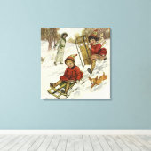 ビンテージクリスマス、ビクトリア時代の子供たちのスレッジ犬 キャンバスプリント (インサイチュ (ウッドフロア))