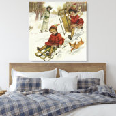 ビンテージクリスマス、ビクトリア時代の子供たちのスレッジ犬 キャンバスプリント (インサイチュ (寝室))