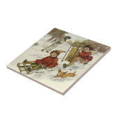 ビンテージクリスマス、ビクトリア時代の子供たちのスレッジ犬 タイル (側面)