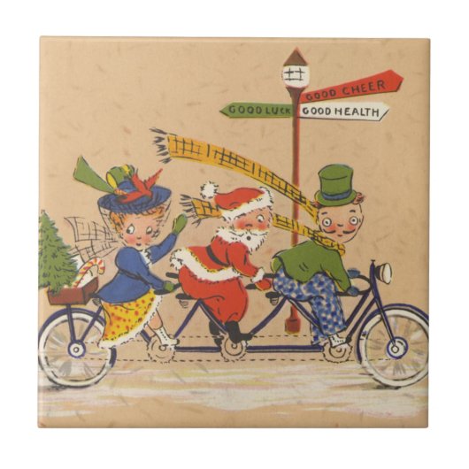 ビンテージクリスマス、ビクトリア時代の自転車に乗るサンタクロース タイル (正面)