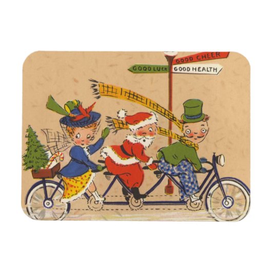 ビンテージクリスマス、ビクトリア時代の自転車に乗るサンタクロース マグネット (横)
