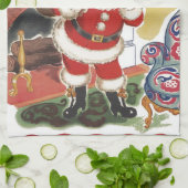 ビンテージクリスマス、プレゼントを抱えた陽気なサンタクロース キッチンタオル (折り畳み)