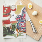 ビンテージクリスマス、プレゼントを抱えた陽気なサンタクロース キッチンタオル (四つ折り)
