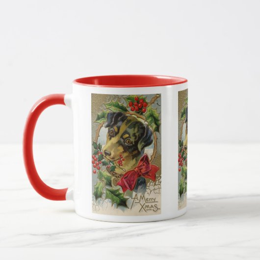 ビンテージクリスマス、ホリーのあるダックスフンドの子犬 マグカップ (左)