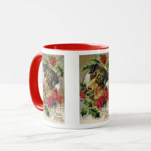 ビンテージクリスマス、ホリーのあるダックスフンドの子犬 マグカップ (正面左)