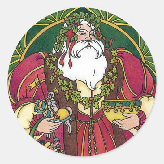 ビンテージクリスマス、ホリーリーフのサンタクロース ラウンドシール (正面)